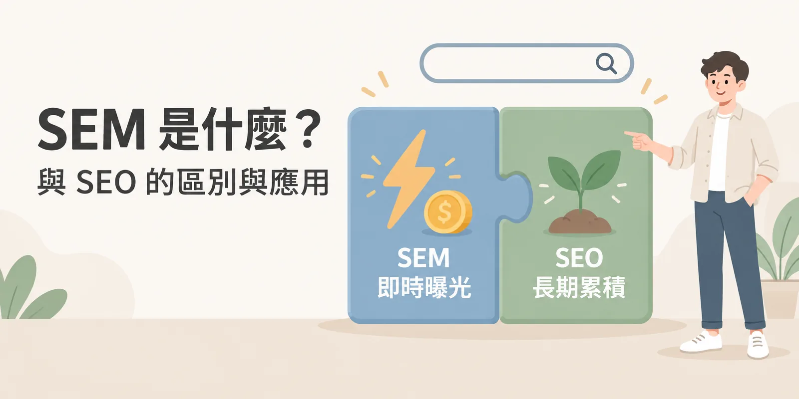 SEM 與 SEO 搭配運用示意：霧藍色的 SEM 拼圖代表付費廣告的即時曝光，綠色的 SEO 拼圖代表自然排名的長期累積，兩塊拼合成完整的搜尋行銷策略。