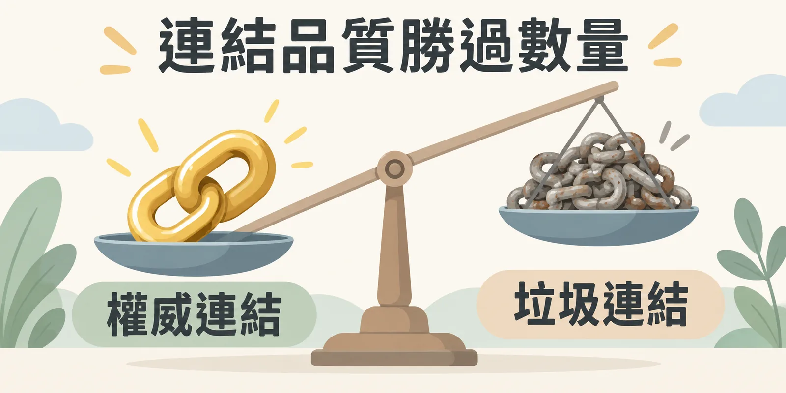 連結品質勝過數量的天秤示意圖：一個權威連結的重量勝過一大堆垃圾連結，說明反向連結的重點是品質與相關性，不是數量。