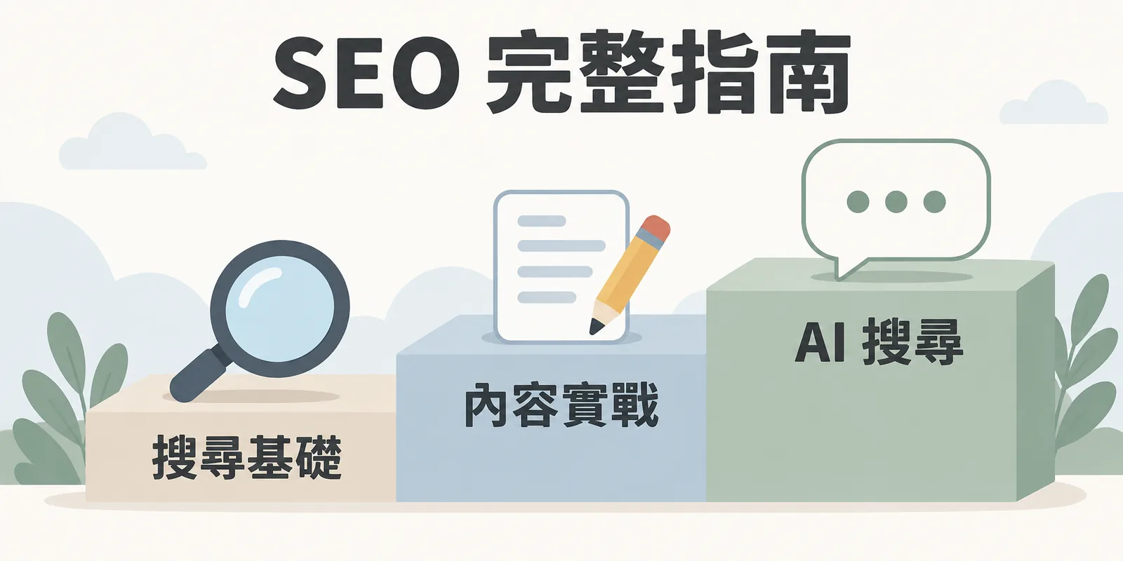 SEO 完整指南列表圖：三階台階由左往右上升，依序是放大鏡代表的搜尋基礎、文件與鉛筆代表的內容實戰，以及對話框代表的 AI 搜尋。