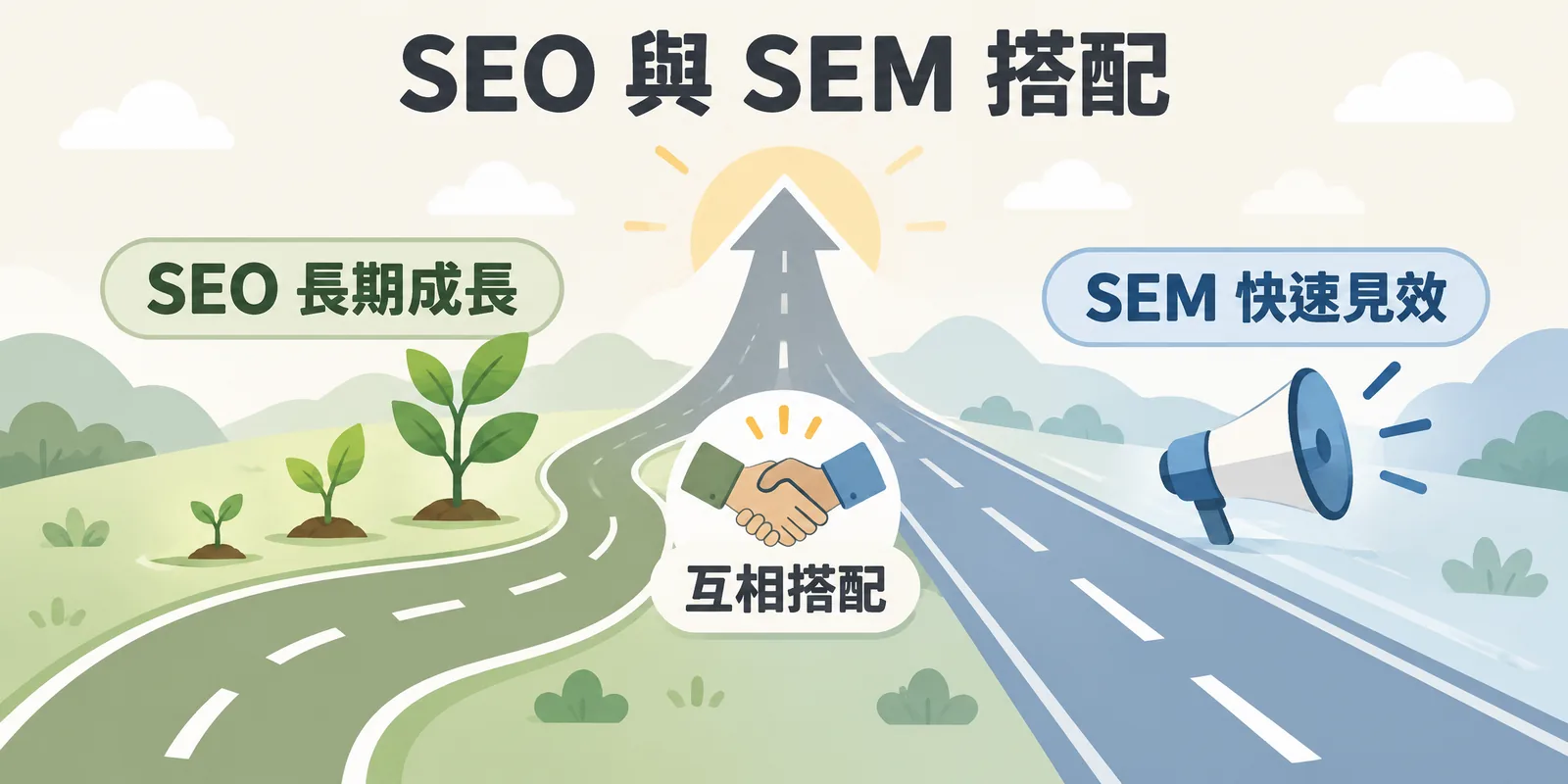 SEO 與 SEM 搭配示意：左邊 SEO 自然搜尋像慢慢長高的樹苗代表長期成長，右邊 SEM 付費廣告像快速道路代表快速見效，兩條路匯合表示互相搭配、不必二選一。