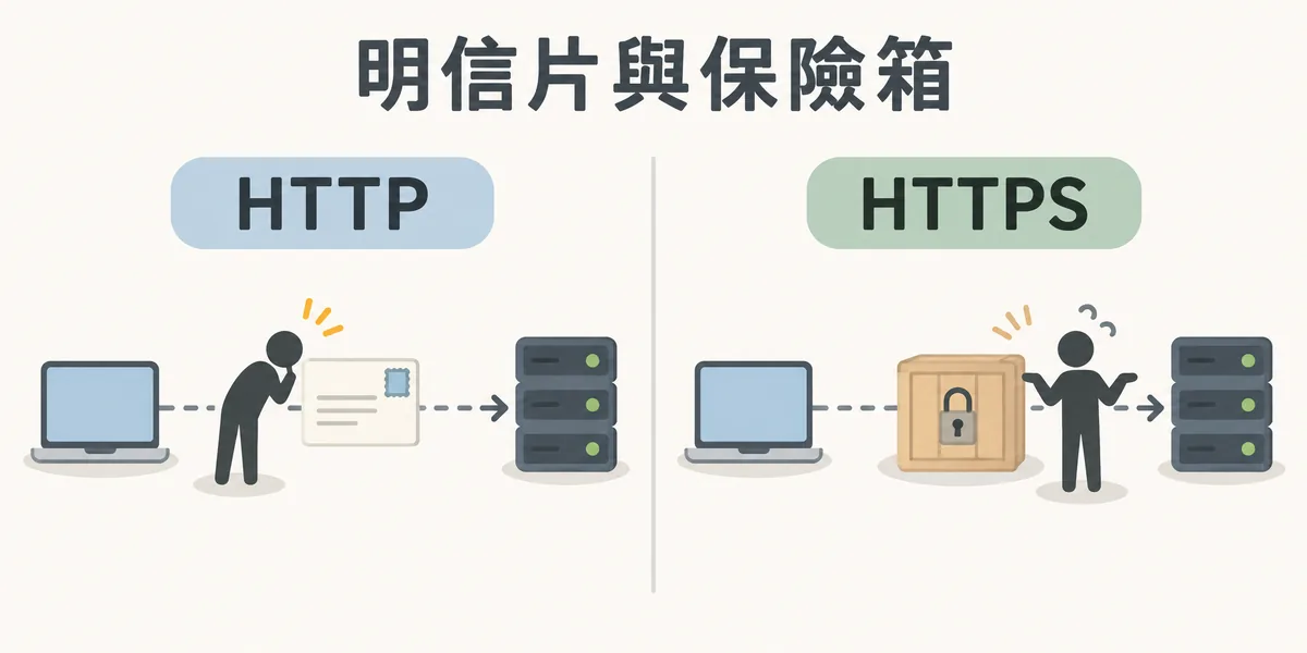 HTTP 與 HTTPS 比喻示意:HTTP 像用明信片寄資料,經手的人都看得到內容;HTTPS 像把資料鎖進保險箱再寄出,中途被攔截也打不開。