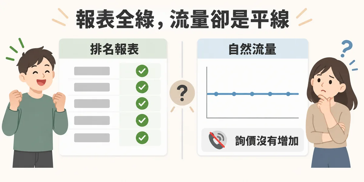 排名報表與自然流量對照示意:左邊關鍵字排名報表每一列都是綠色達標,右邊網站自然搜尋流量卻是一條平線,詢價電話也沒有增加。