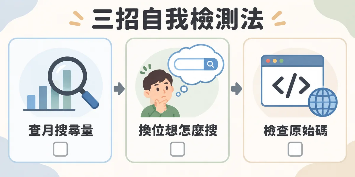 檢視 SEO 服務商的三招自我檢測:用關鍵字規劃工具查合約關鍵字的月搜尋量,換位思考真實使用者會怎麼搜,再檢查網站原始碼是否有標題堆疊、隱藏文字或農場內容。