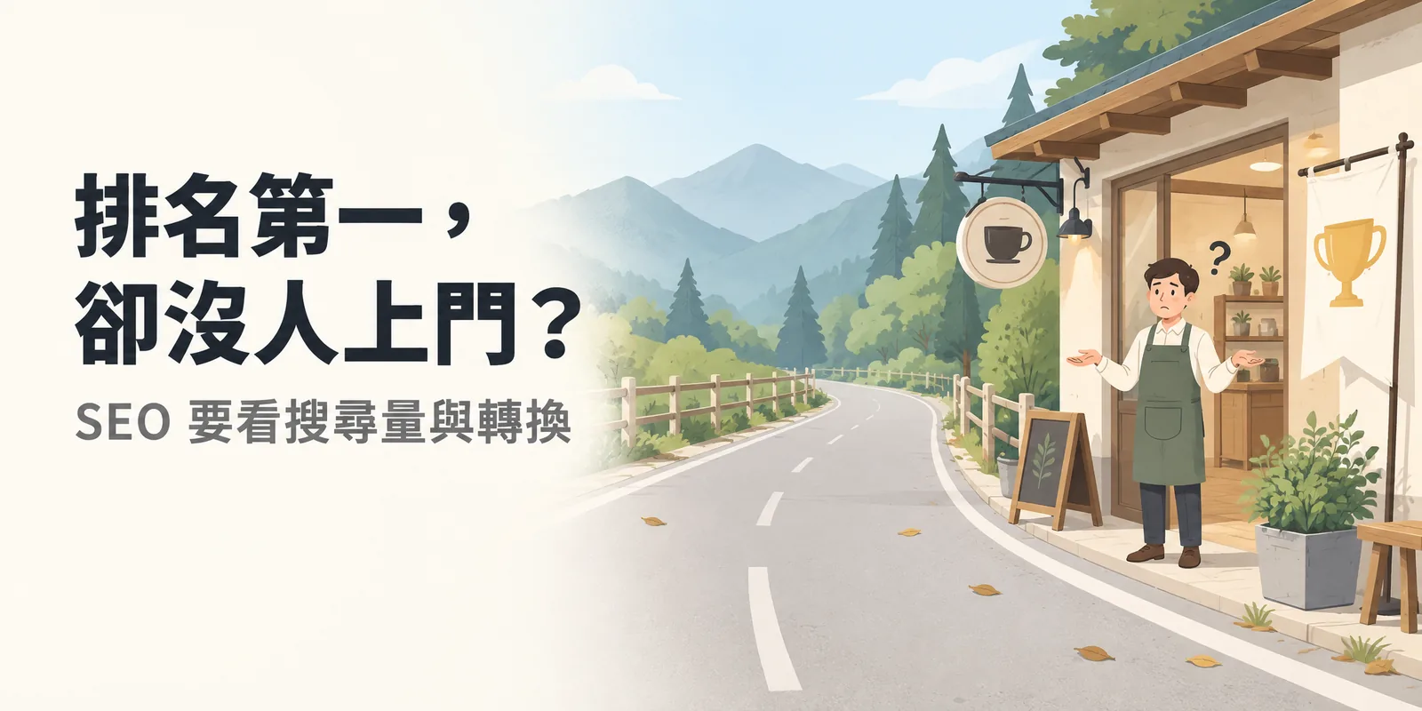 深山小路旁唯一一間漂亮店面插著第一名旗子，卻沒有任何路人經過，比喻用沒人搜尋的冷門關鍵字排到第一名，帶不來流量也帶不來業績。