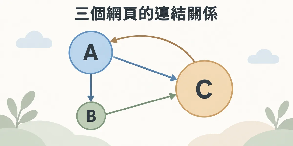 三個網頁的 PageRank 範例連結圖：A 連到 B 與 C、B 連到 C、C 連回 A；C 同時被 A 和 B 連結所以分數最高，B 只拿到 A 的一半票所以分數最低。