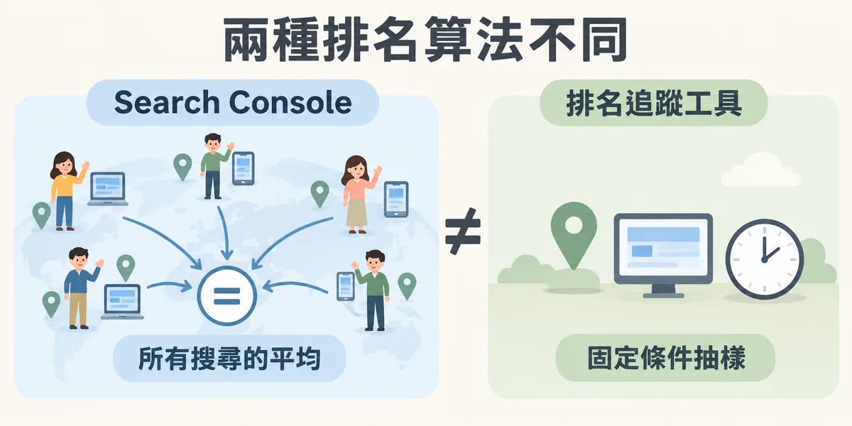 排名數字不一致的原因：Search Console 對所有地區、裝置與個人化搜尋求平均，排名追蹤工具則是在固定地點與裝置下抽樣查詢。