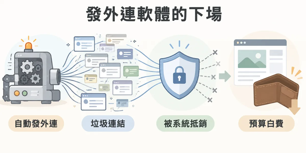 SEO 發外連軟體的風險示意：軟體自動大量張貼垃圾連結，會被搜尋引擎的防垃圾系統抵銷，花在軟體上的預算白費，嚴重時還可能受到處置。
