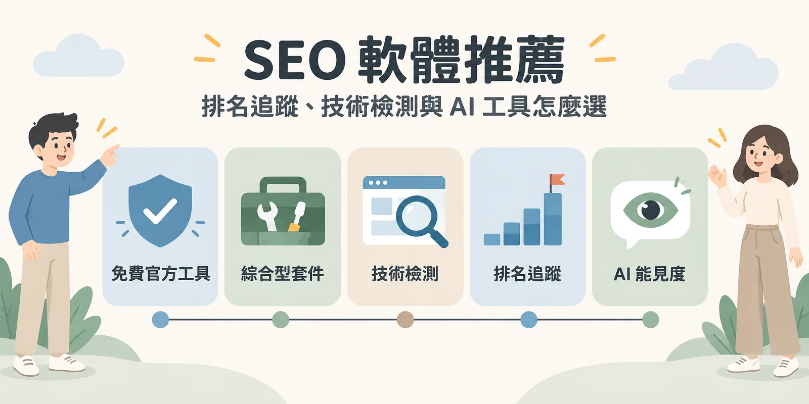 SEO 工具五大類型示意：免費官方工具、綜合型套件、技術檢測、排名追蹤與 AI 能見度工具依用途分組排列。