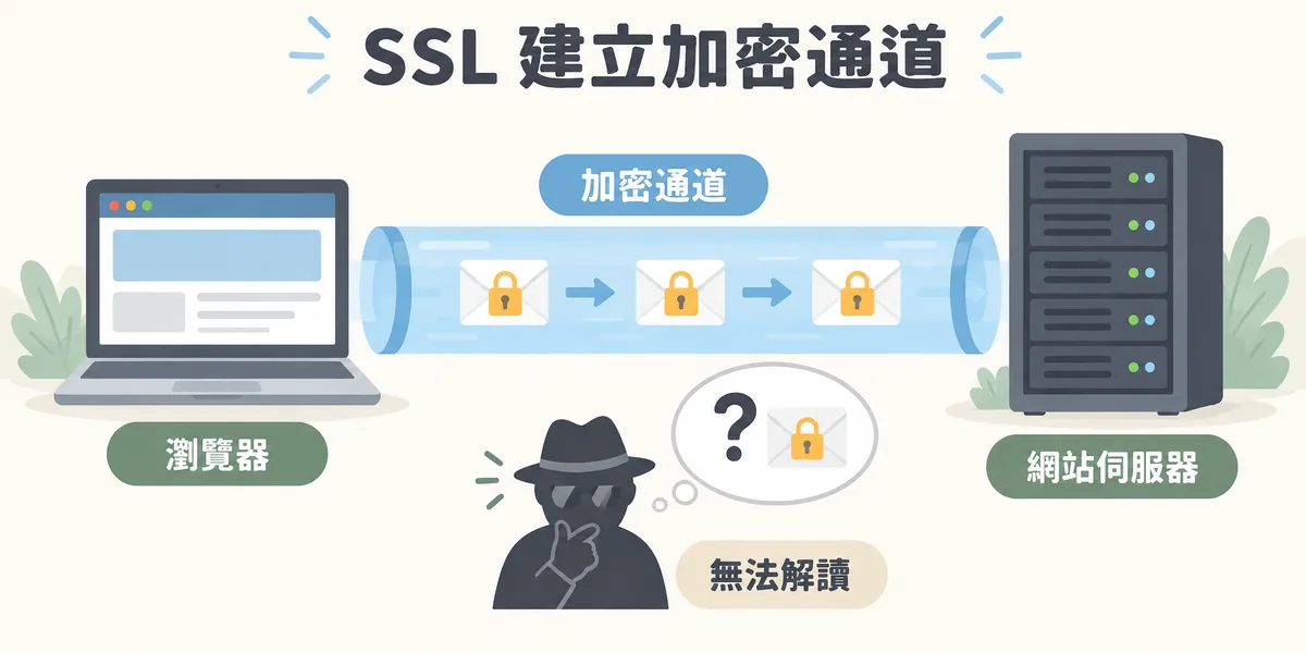 SSL 加密通道示意:瀏覽器與網站伺服器之間建立加密通道,傳輸的資料都上鎖,即使有人在中途攔截也無法解讀內容。
