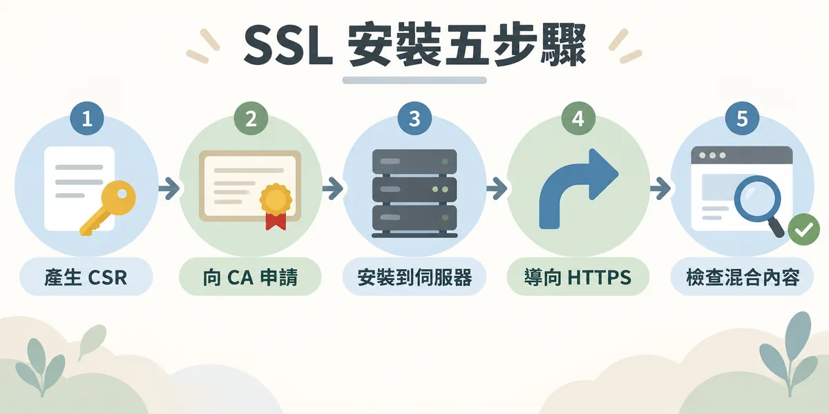 SSL 憑證安裝五步驟流程:產生 CSR、向 CA 申請憑證、安裝到伺服器、設定 HTTP 301 導向 HTTPS,最後測試並處理混合內容。