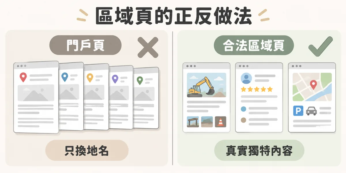 多地區頁面正反示意:內容相同只換地名的門戶頁有被處罰的風險,合法的區域頁要放入該區真實的案例照片、客戶評價與交通停車資訊。
