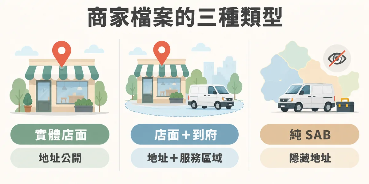 Google 商家檔案三種業務類型示意:實體店面公開地址,店面兼到府服務同時公開地址與服務區域,純服務區域型商家則隱藏地址、只顯示服務區域。