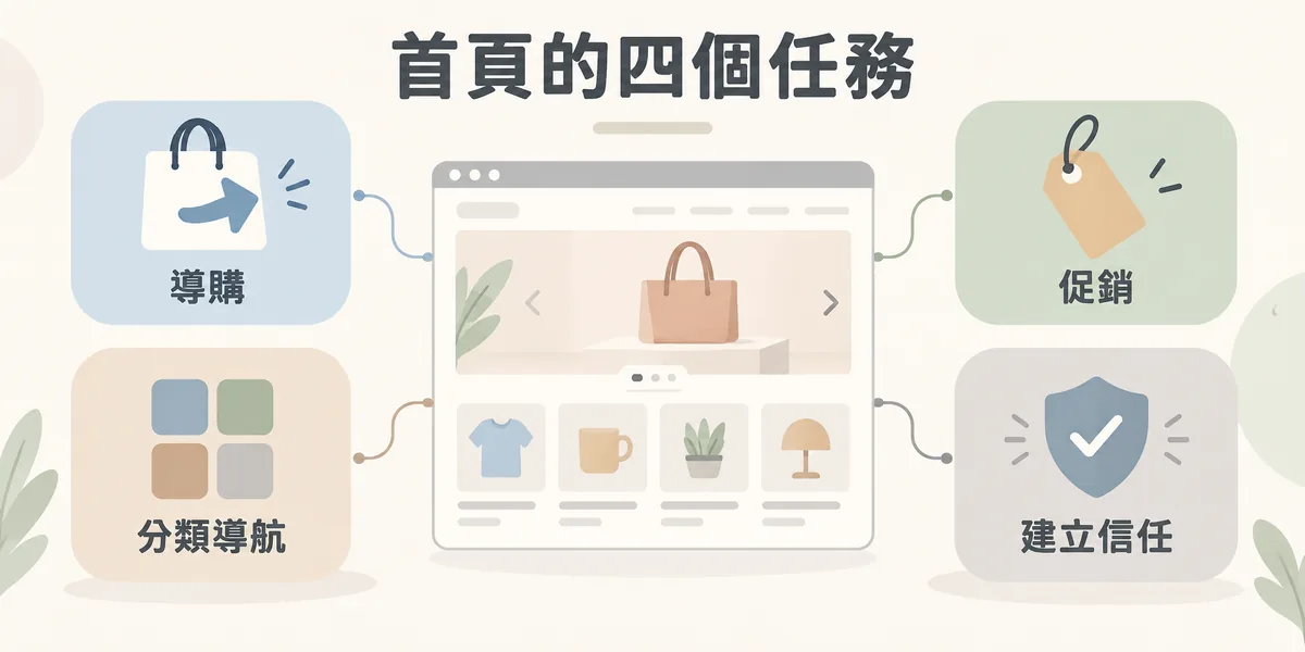 購物網站首頁的四個任務示意：首頁要同時負責導購、促銷、分類導航與建立信任，不只是商品型錄，也不是單純的形象頁。