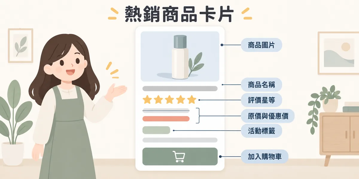 熱銷商品卡片結構示意：卡片由上而下放商品圖片、商品名稱、評價星等、原價與優惠價、活動標籤、一句賣點與加入購物車按鈕，讓使用者不點進去也能判斷。