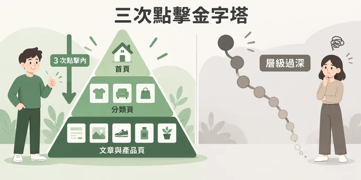 三次點擊金字塔示意:左邊是首頁、分類頁、文章與產品頁三層的穩定金字塔,3 次點擊內可抵達;右邊是層層往下的深長鏈狀結構,越往下權重越淡。