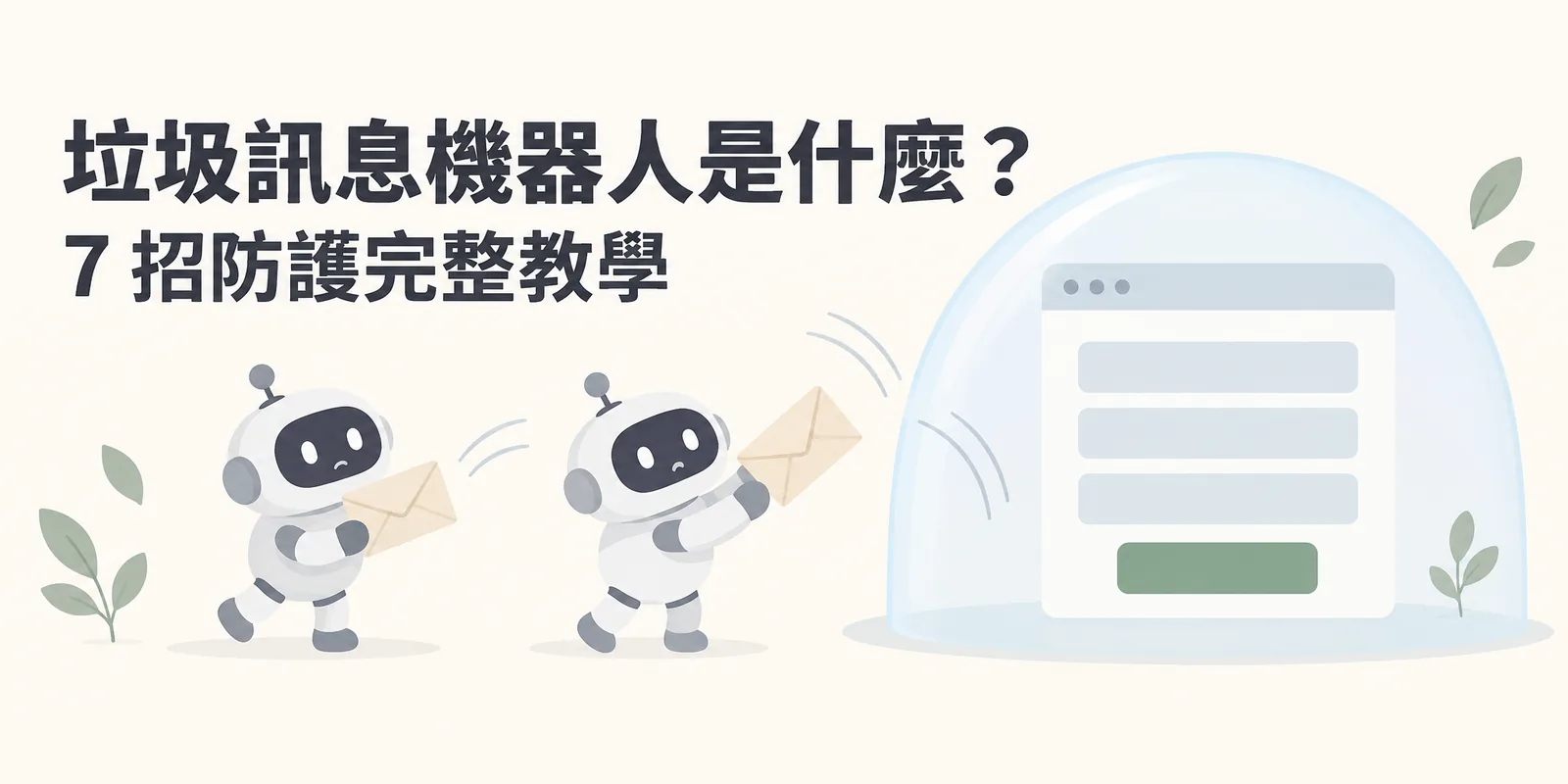 垃圾訊息機器人防護示意圖：網站的聯絡表單被一層防護罩保護，外面的小機器人帶著垃圾信件靠近時被擋了回去，說明做好防護就能減少垃圾訊息灌進網站。