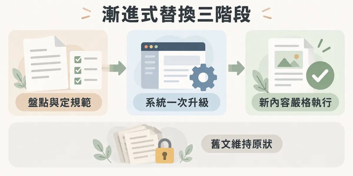 漸進式替換策略三階段示意:先盤點並制定連結屬性守則,再一次升級 CMS 系統預設屬性,最後讓新內容嚴格執行;舊文章則維持原狀不回頭修改。
