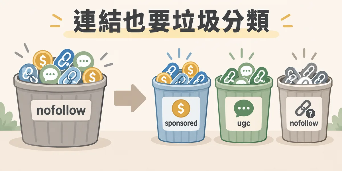 連結屬性分類示意:過去所有不想傳遞權重的連結都丟進 nofollow 一個桶,現在分成付費合作用 sponsored、訪客留言用 ugc、其他不信任連結用 nofollow 三個桶。