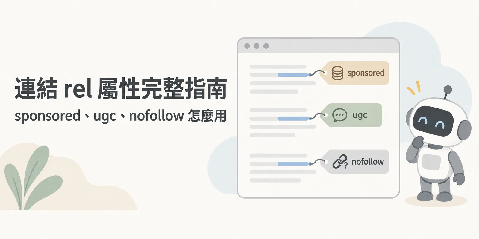 連結 rel 屬性主題圖：網頁內三條連結各掛上標籤，付費合作標 sponsored、訪客留言標 ugc、其他不信任連結標 nofollow，旁邊的爬蟲機器人依標籤判斷連結性質。