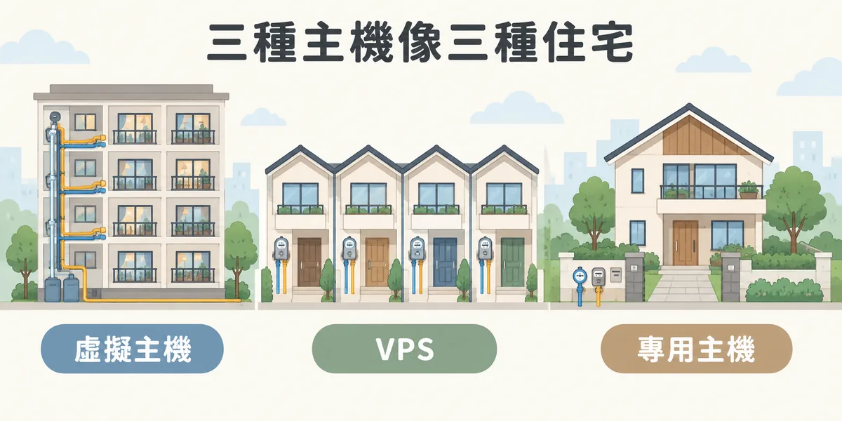 三種主機方案的住宅比喻:虛擬主機像多戶共用資源的分租公寓,VPS 像社區裡各自有獨立水電的透天厝,專用主機像整棟只服務一個網站的獨棟房子。