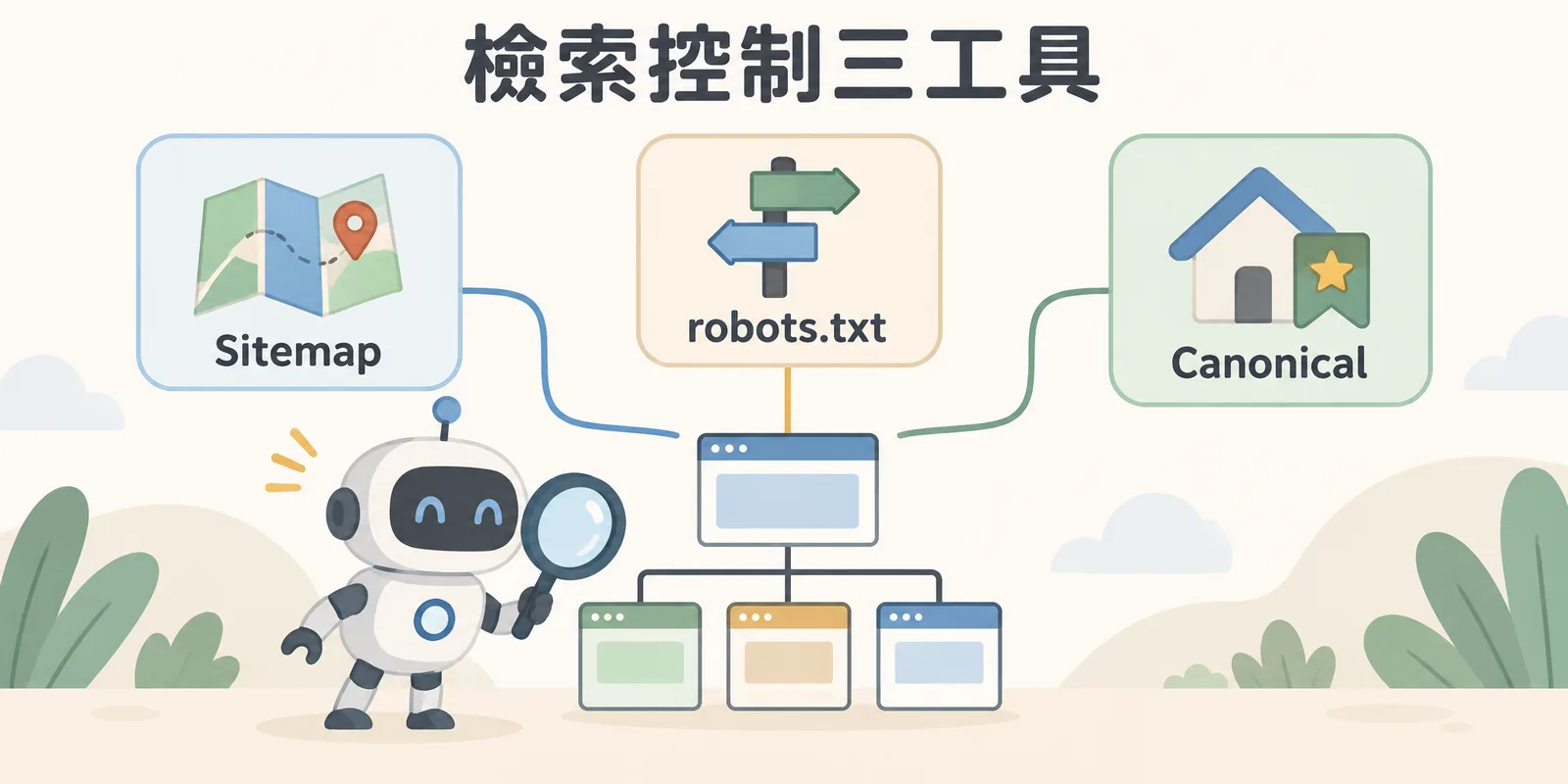 檢索控制示意：XML Sitemap 告訴爬蟲有哪些頁面，robots.txt 指示哪些路徑可以檢索，Canonical 標籤指定重複內容的標準版本。