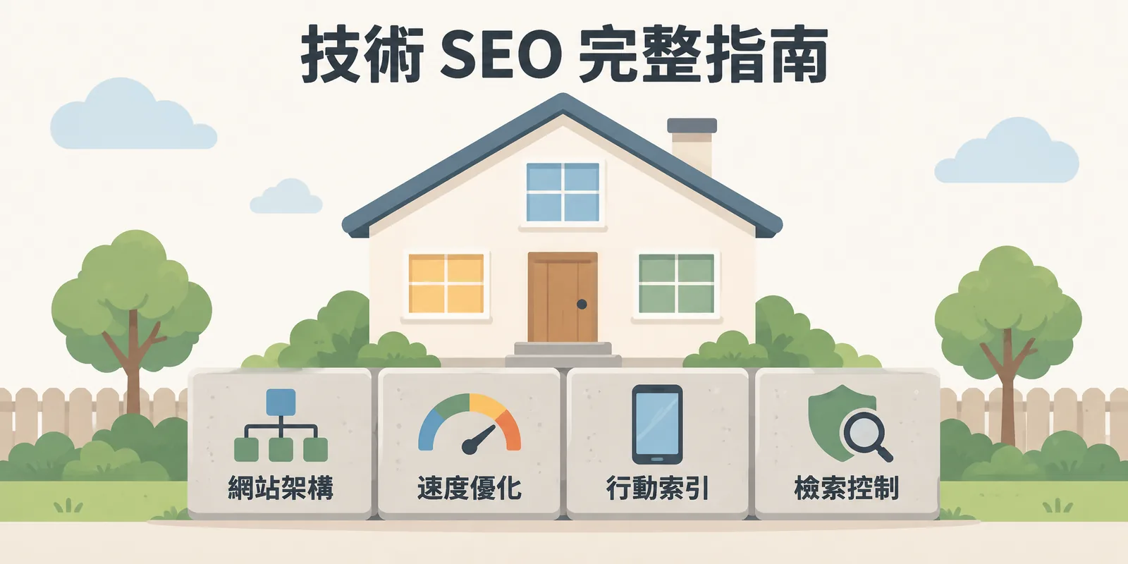 技術 SEO 示意：網站像一棟房子，底下由網站架構、速度優化、行動索引與檢索控制四塊地基撐起，基礎穩固內容才能被搜尋引擎順利讀懂。