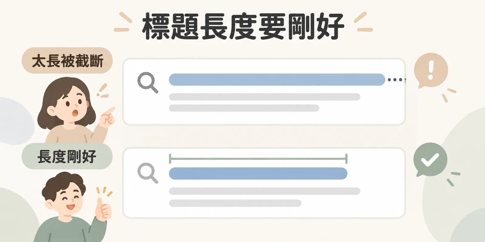 Title Tag 長度對照示意：標題太長時會在搜尋結果被截斷成刪節號，長度控制在顯示寬度內才能完整呈現。