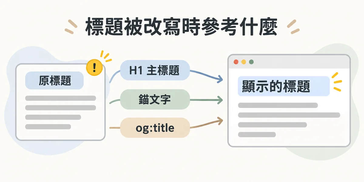 Google 改寫標題示意：當原本的 Title Tag 被判定不合適，搜尋結果會改參考頁面的 H1 主標題、連結錨文字與 og:title 來產生顯示的標題。