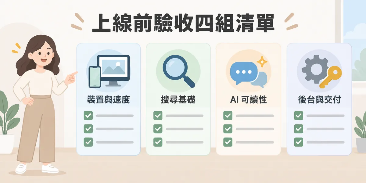 網站上線前驗收清單分四組:裝置與速度、搜尋基礎、AI 可讀性、後台與交付,業主可以拿著清單逐項動手測試並當場打勾。