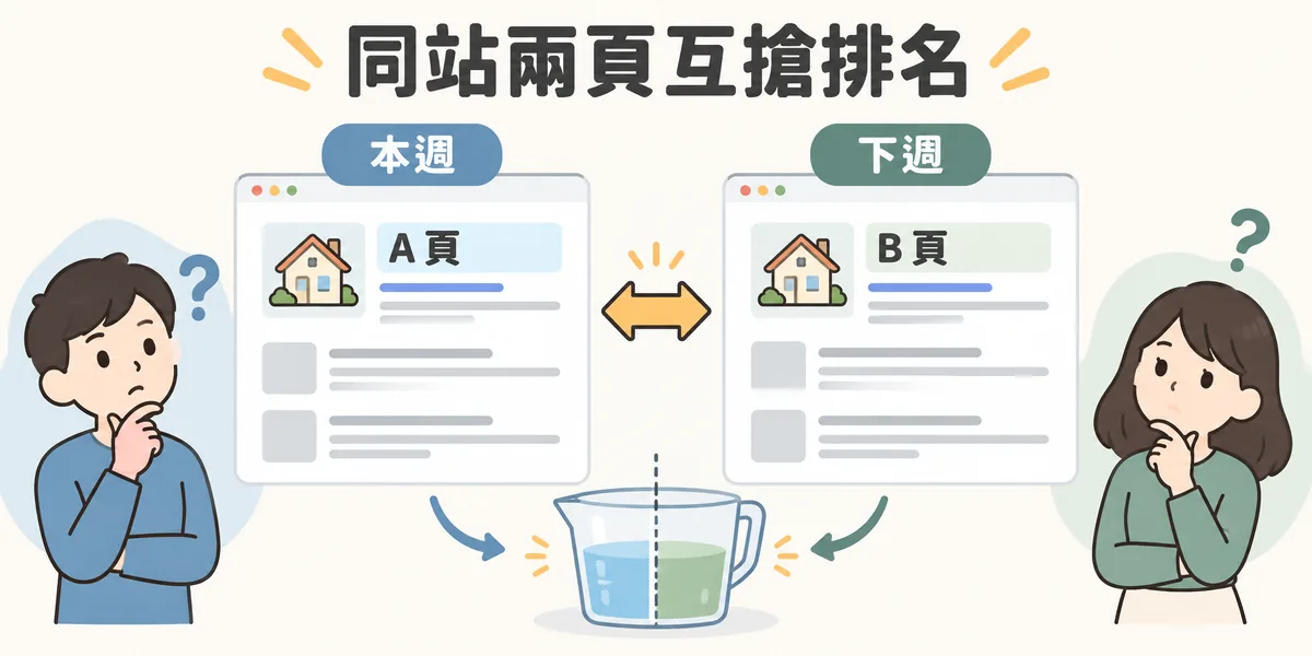 關鍵字蠶食示意：同一個網站的 A 頁與 B 頁競爭相同搜尋意圖，本週是 A 頁有排名、下週換成 B 頁，排名在兩頁之間擺盪，權重也被分散。