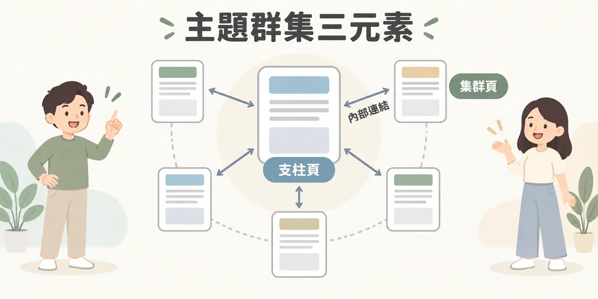Topic Cluster 架構示意：中央的支柱頁與周圍多個集群頁以雙向內部連結相連，支柱頁負責主題總覽，集群頁深入各個子題，相關集群頁之間也可互連。