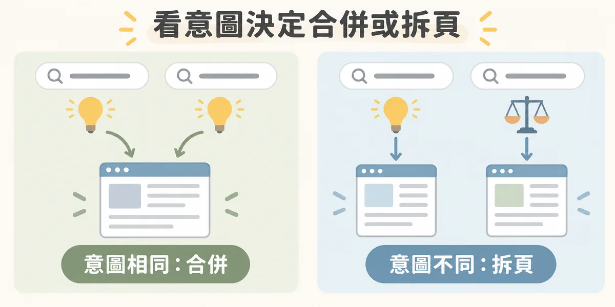 關鍵字分組示意：字面不同但搜尋意圖相同的關鍵字合併到同一頁；字面相似但意圖不同的關鍵字則拆成兩頁，判斷依據是搜尋意圖而不是用字。