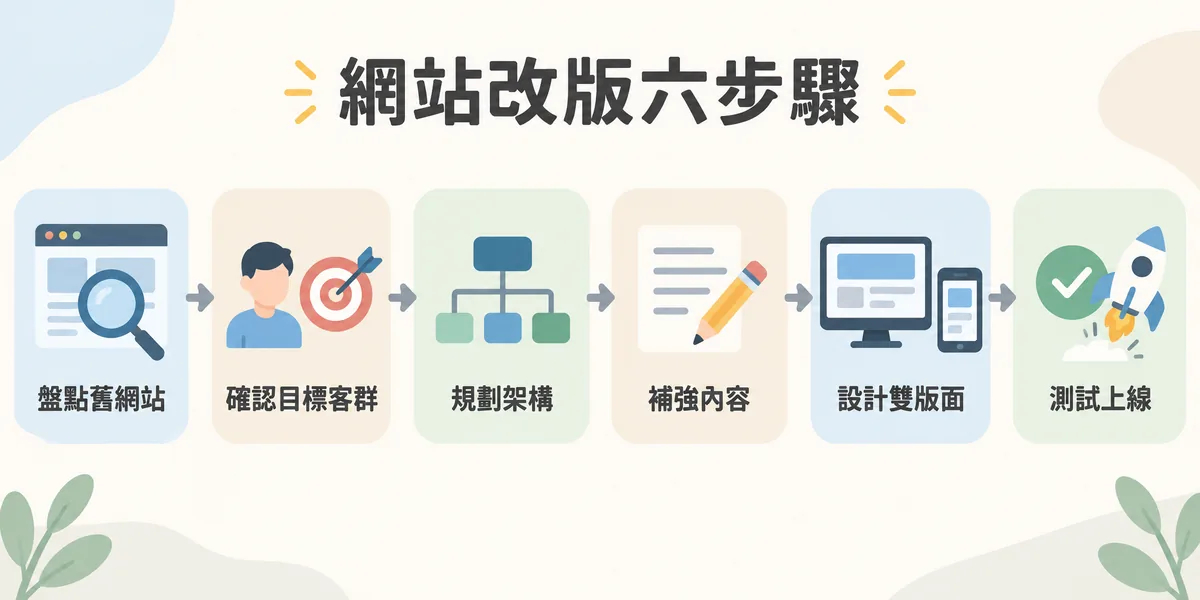 傳統產業網站改版六步驟：盤點舊網站問題、確認網站目標與客群、重新規劃架構、補強網站內容、設計電腦版與手機版，最後測試後再正式上線。