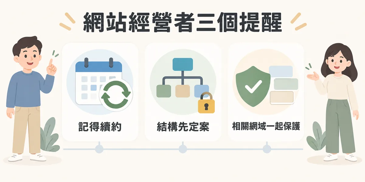 網站經營者的三個網域實務提醒：網域要開啟自動續約避免過期被搶註、網址結構在建站初期就定案，以及把相關網域一起註冊轉址保護。