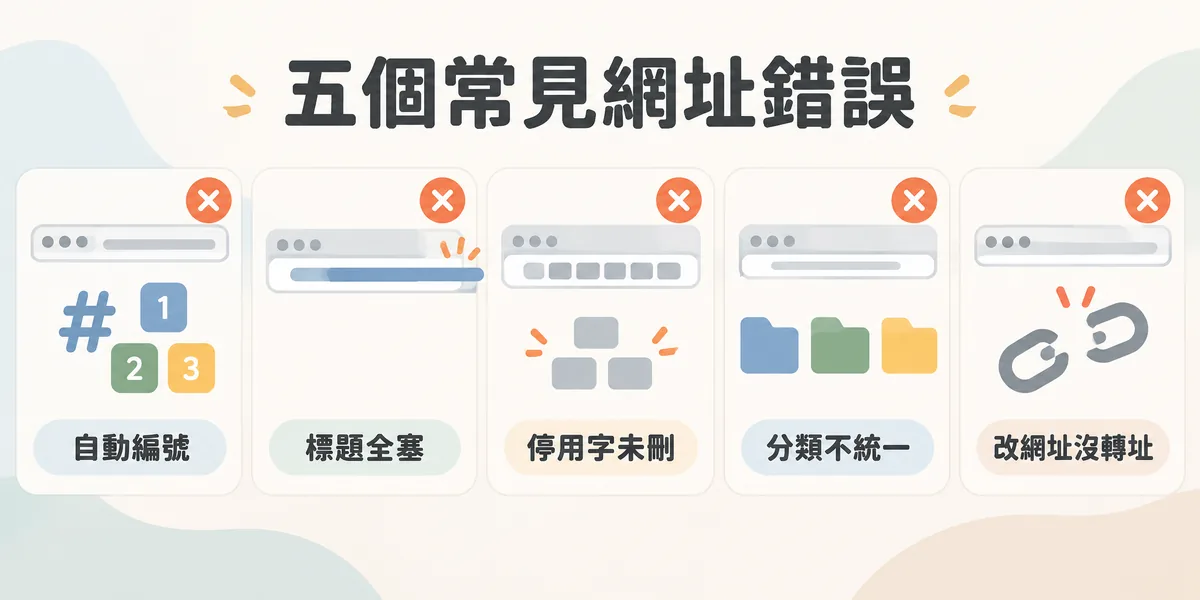 五個常見網址命名錯誤示意:只用系統自動編號、把整篇標題塞進網址、停用字沒刪、分類名稱不統一,以及改了網址卻沒做 301 轉址。
