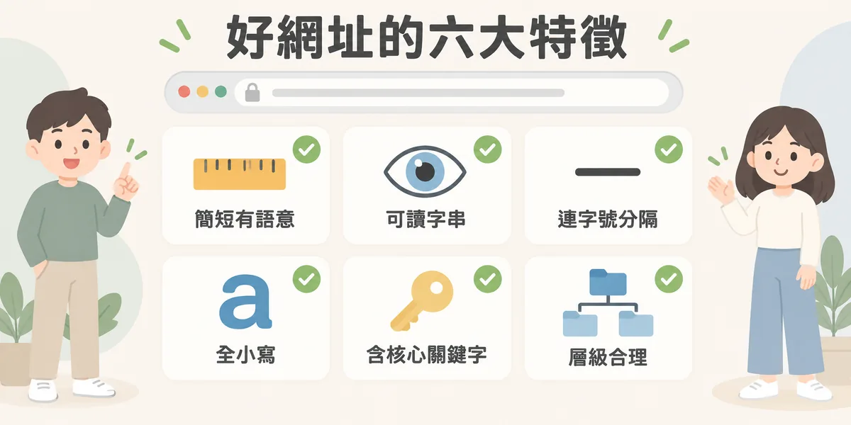 SEO 與 AEO 友善網址的六大特徵:簡短但有語意、使用可讀字串、單字以連字號分隔、全部小寫、包含核心關鍵字,以及分類層級合理。