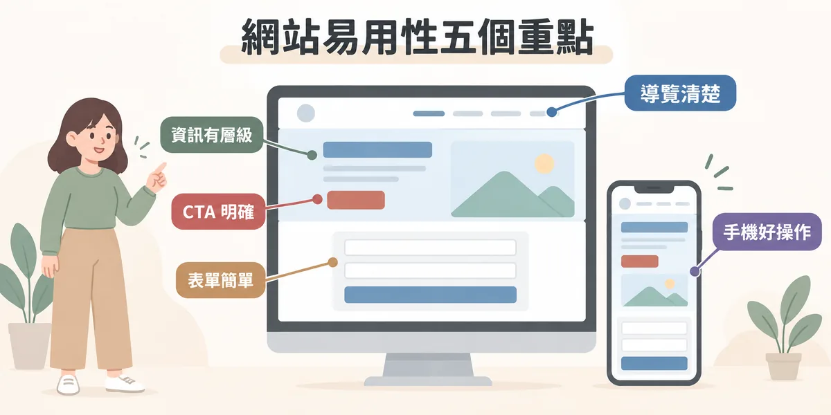 網站易用性五個檢查重點：導覽列是否清楚、資訊層級是否明確、CTA 按鈕是否明確、表單是否簡單，以及手機版是否好操作。