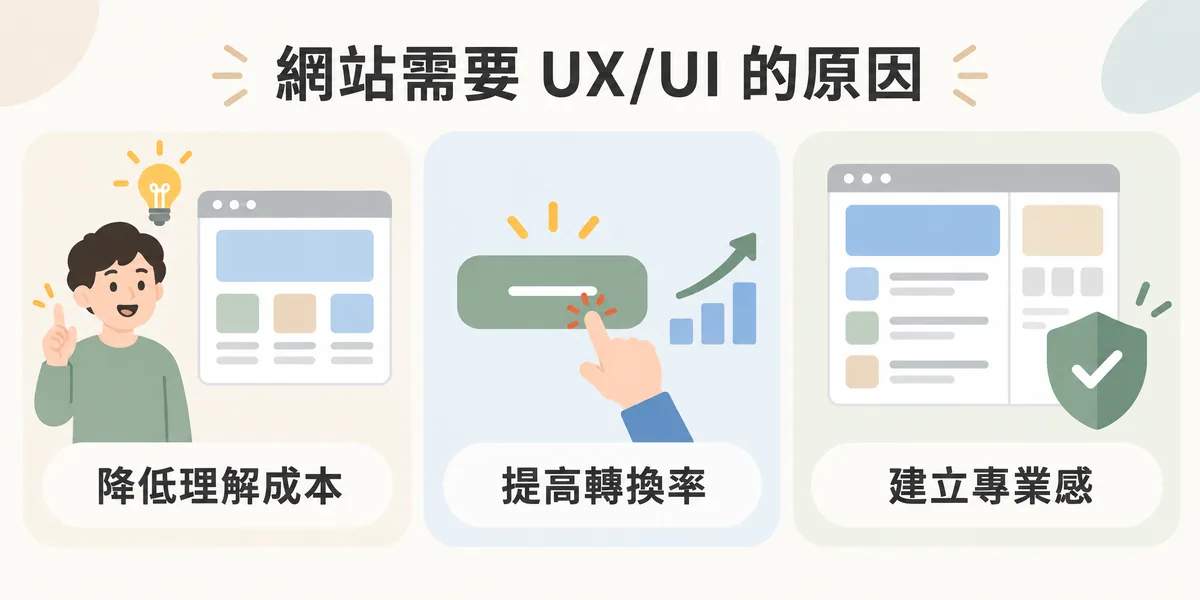 網站需要 UX/UI 設計的三個原因：用清楚標題與版面降低使用者理解成本、用明確按鈕與簡短表單提高轉換率，以及用一致的介面建立品牌專業感。