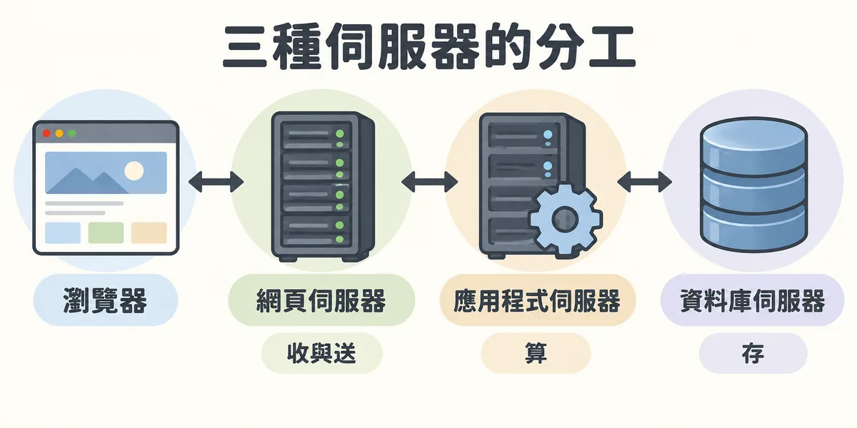 網頁伺服器、應用程式伺服器與資料庫伺服器的分工示意:瀏覽器的請求先由網頁伺服器收與送,交給應用程式伺服器計算,再向資料庫伺服器存取資料。