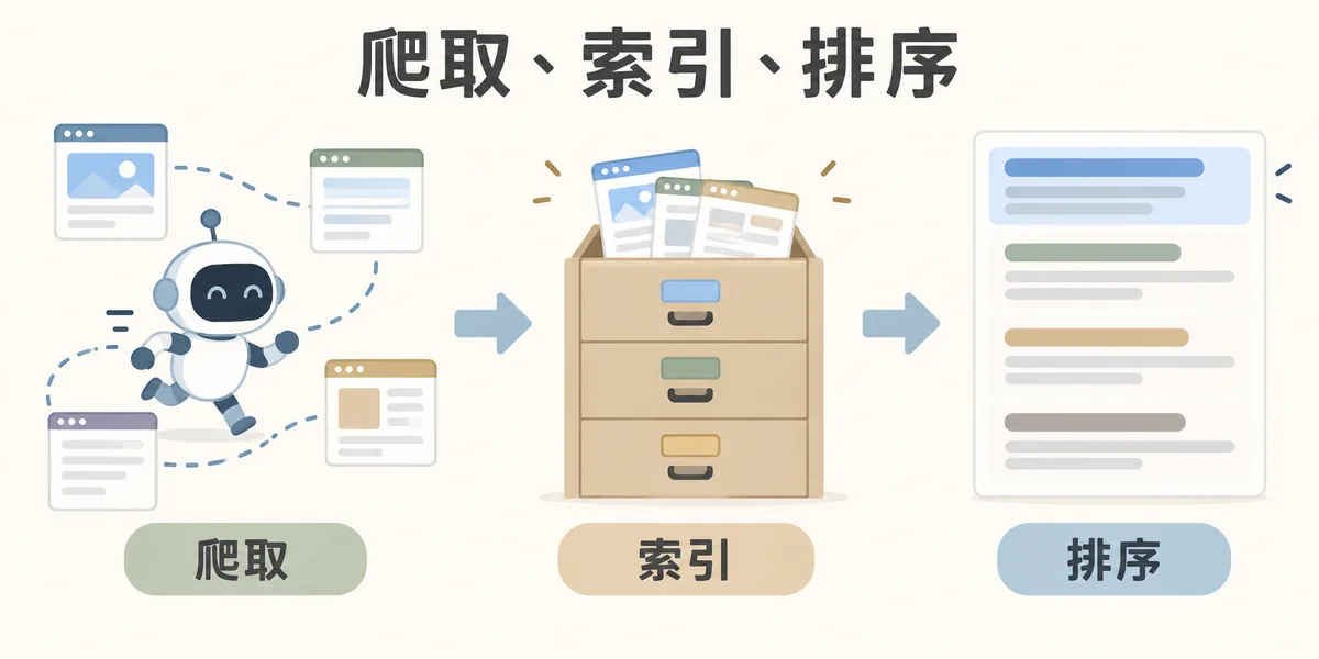 搜尋引擎讓網站被找到的三個流程:爬蟲先沿著連結爬取網頁,再把理解後的頁面收錄進索引,最後依搜尋意圖與品質排序呈現在搜尋結果中。