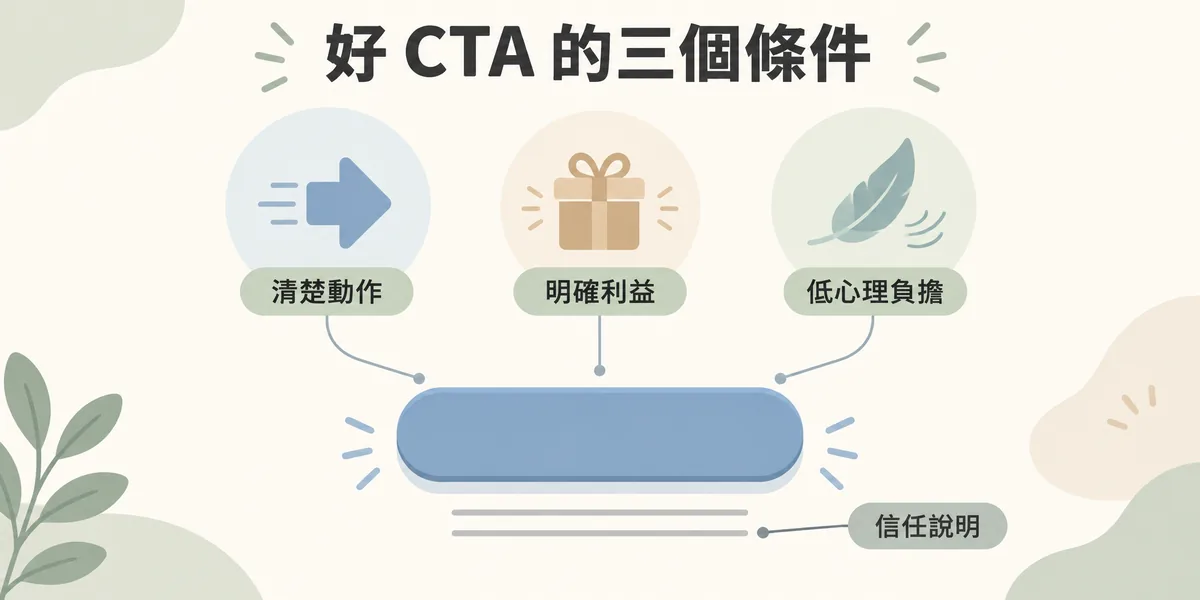 好的 CTA 按鈕具備三個條件：清楚說明要做的動作、讓使用者知道能得到的利益、降低點擊的心理負擔，並可在按鈕下方補充簡短的信任說明。