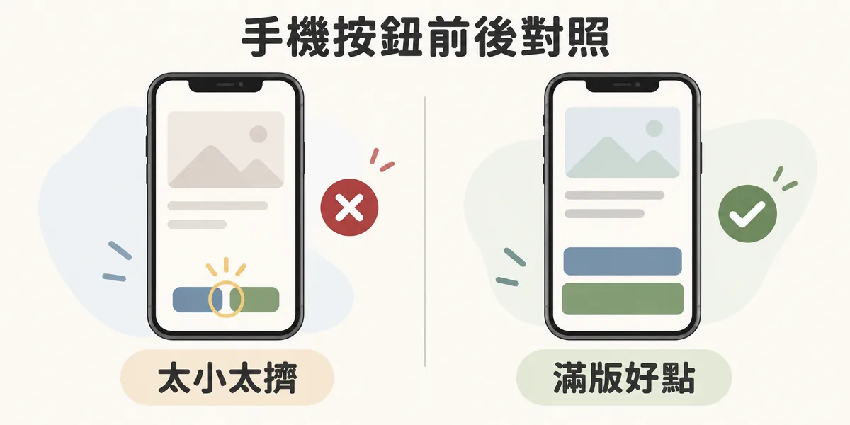 手機版按鈕設計前後對照：左邊按鈕又小又擠，手指容易同時誤觸兩個按鈕；右邊改成滿版寬度的大按鈕並保留足夠間距，更容易看見與點擊。