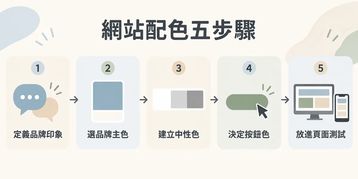 網站配色實務流程五步驟：先定義品牌想傳達的印象，再選出主要品牌色、建立中性色系統、決定按鈕與重點色，最後放進實際頁面與手機版測試。