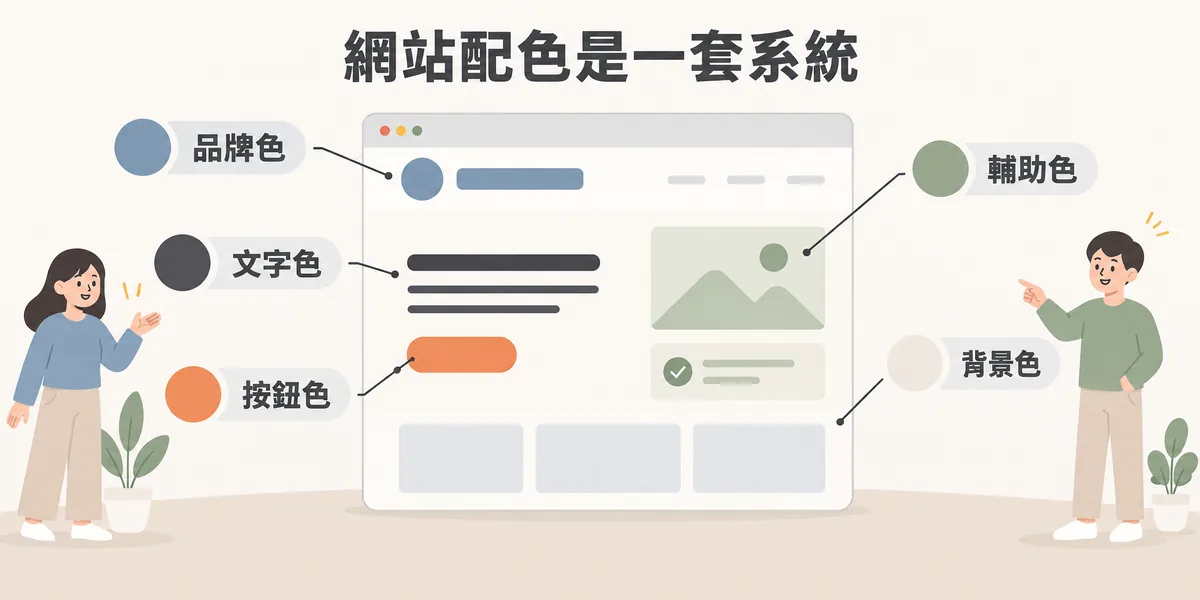 網站配色角色示意：一個網頁版面上分別標出品牌色用在 Logo 與標題、輔助色用在資訊卡片、背景色鋪底、文字色用於內文、按鈕色用在行動按鈕。