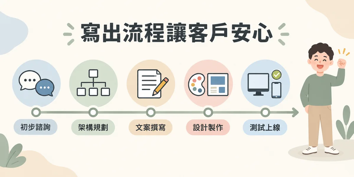 服務流程寫進網站文案的示意：從初步諮詢、架構規劃、文案撰寫、設計製作到測試上線五個階段依序排列，讓客戶看見合作方式而感到安心。
