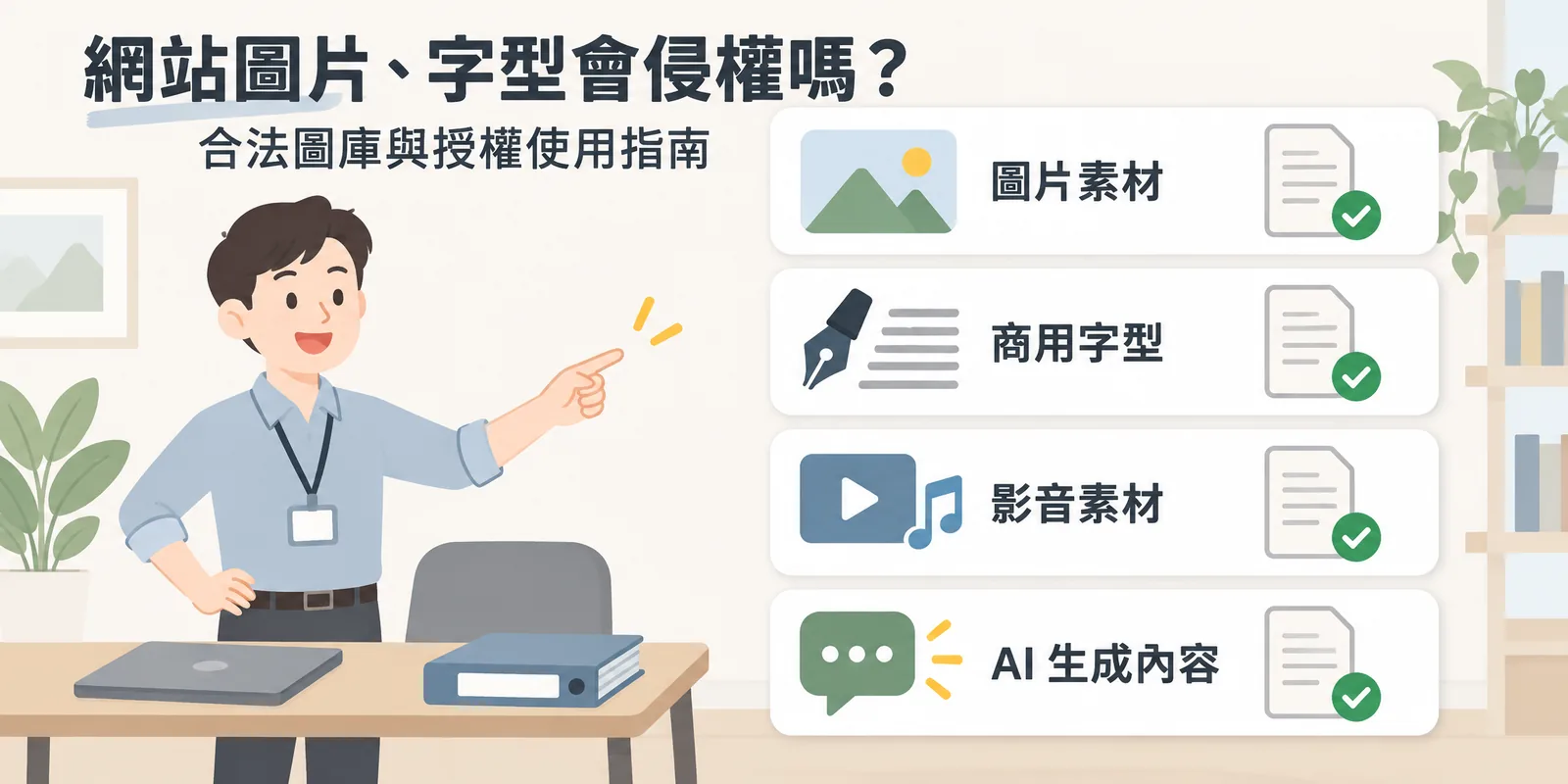 網站素材授權確認示意：一位網站管理者指向右側四張卡片，分別是圖片素材、商用字型、影音素材與 AI 生成內容，每一類都附上授權文件並打勾，提醒素材先確認授權再上線。