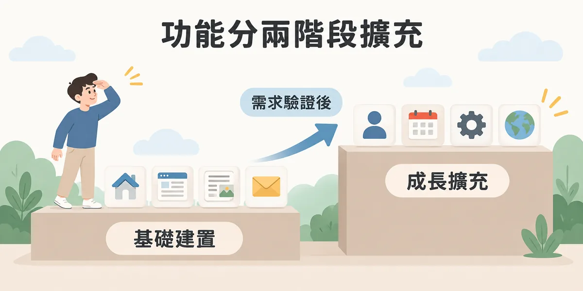 網站功能分階段規劃示意:第一階段先完成首頁、服務頁、文章與詢價表單等基礎建置,等需求驗證後,第二階段再擴充會員、預約、系統串接與多語系。