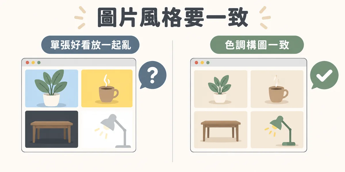 網站圖片一致性對照:左邊四張圖色溫、亮度與構圖各不相同,放在一起顯得雜亂;右邊四張圖色調、亮度與物件大小位置一致,整體更有質感。
