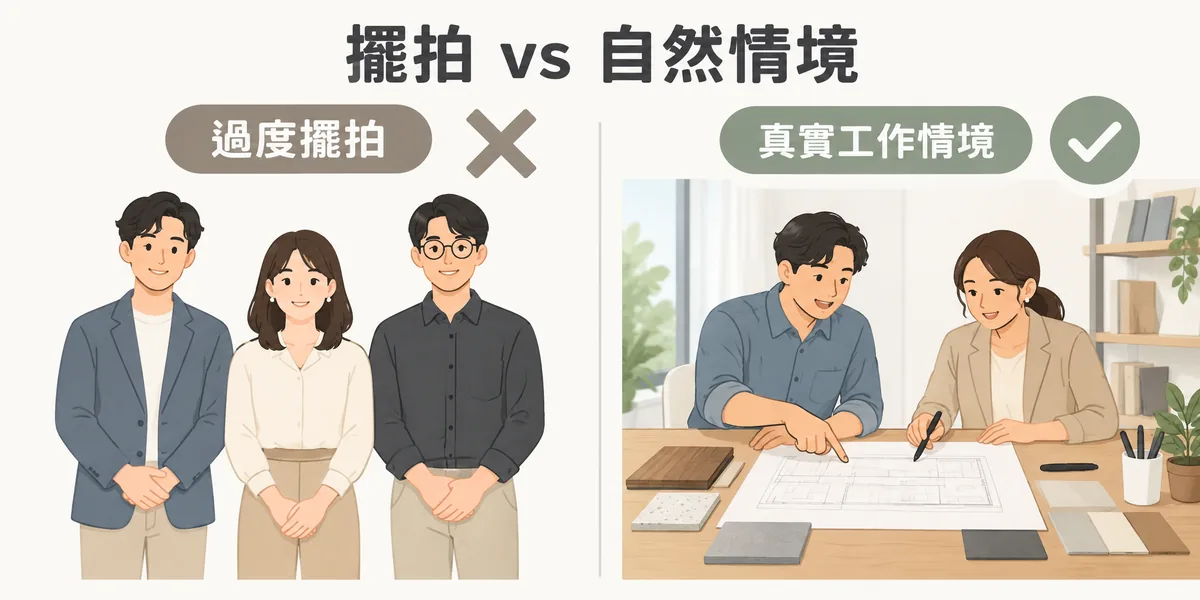 情境照片選擇對照:左邊人物排排站看鏡頭、背景像展示間,屬於過度擺拍;右邊團隊圍著桌子討論平面圖與材料,呈現真實的工作情境。