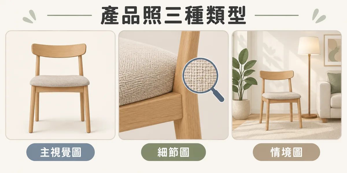 產品照三種類型示意:以同一張單人椅為例,主視覺圖建立第一印象,細節圖呈現布料與木頭接合的材質工法,情境圖放在客廳中說明比例與搭配。